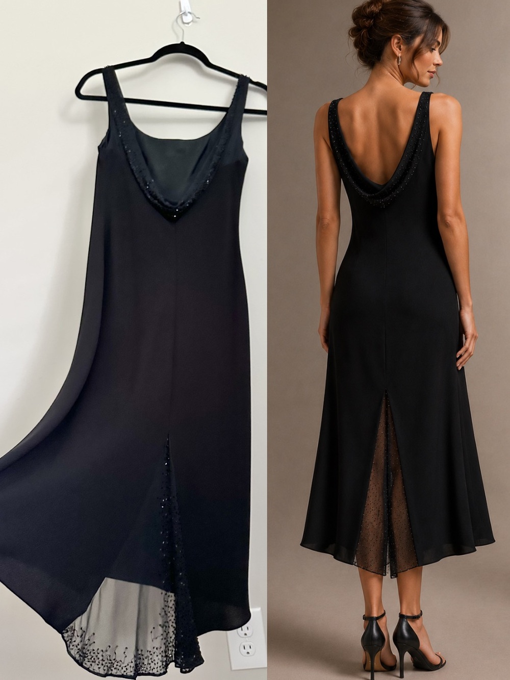 Jones New York 100% Silk Black Beaded Midi Dress Cowl Back Evening 8 Luxury Y2K